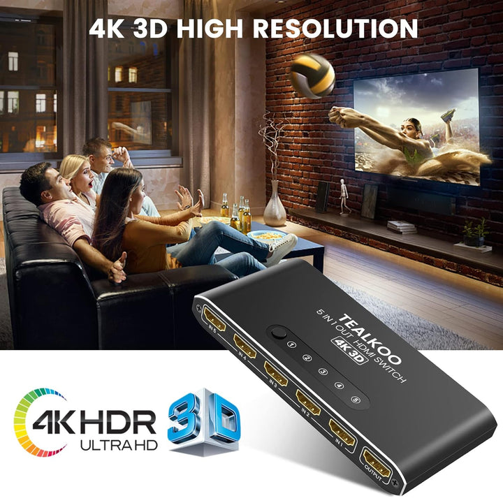 HDMI Splitter HDMI Switch, 4K Aliminium HDMI Switch 5 In 1 Out Automatisch HDMI Switcher mit Fernbed