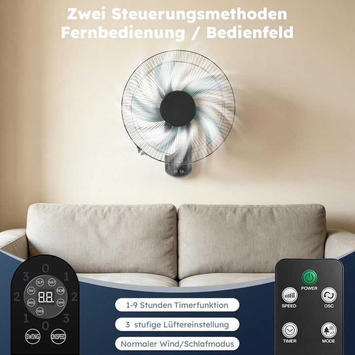Wandventilator mit Fernbedienung, 40 cm Wand Ventilator mit 3 Geschwindigkeiten, Oszillation 90° & T