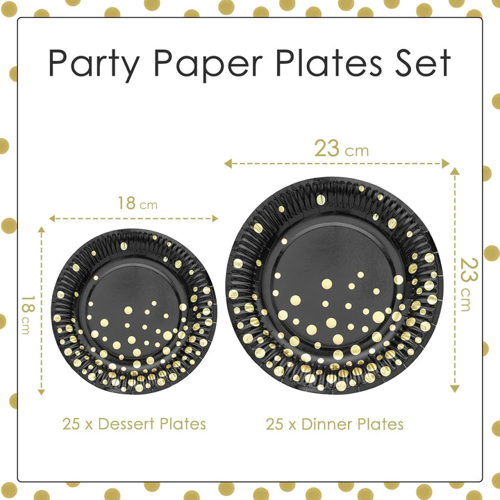 HNH Partyteller Pappteller 50er Set Schwarz mit Goldfolie Gepunktet 23cm Papierteller mit 18cm Desse