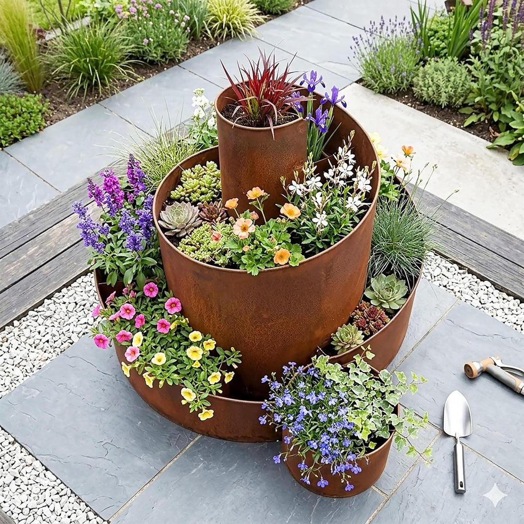 Spetebo Natur Rost Kräuterspirale aus Metall - 58,5x43x41 cm - Garten Kräuterbeet Kräuterschnecke Pf