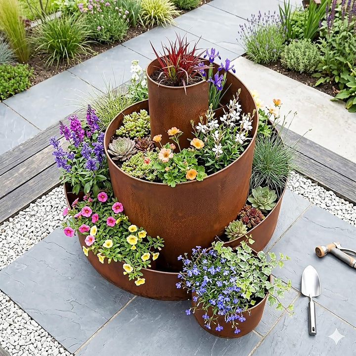 Spetebo Natur Rost Kräuterspirale aus Metall - 58,5x43x41 cm - Garten Kräuterbeet Kräuterschnecke Pf