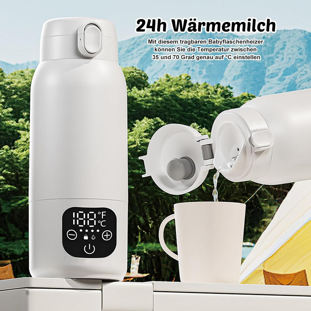 Tragbarer Flaschenwärmer Baby Unterwegs, Akku Thermoskanne 500ml, 35-70 °C Einstellbar, Mobiler Milc