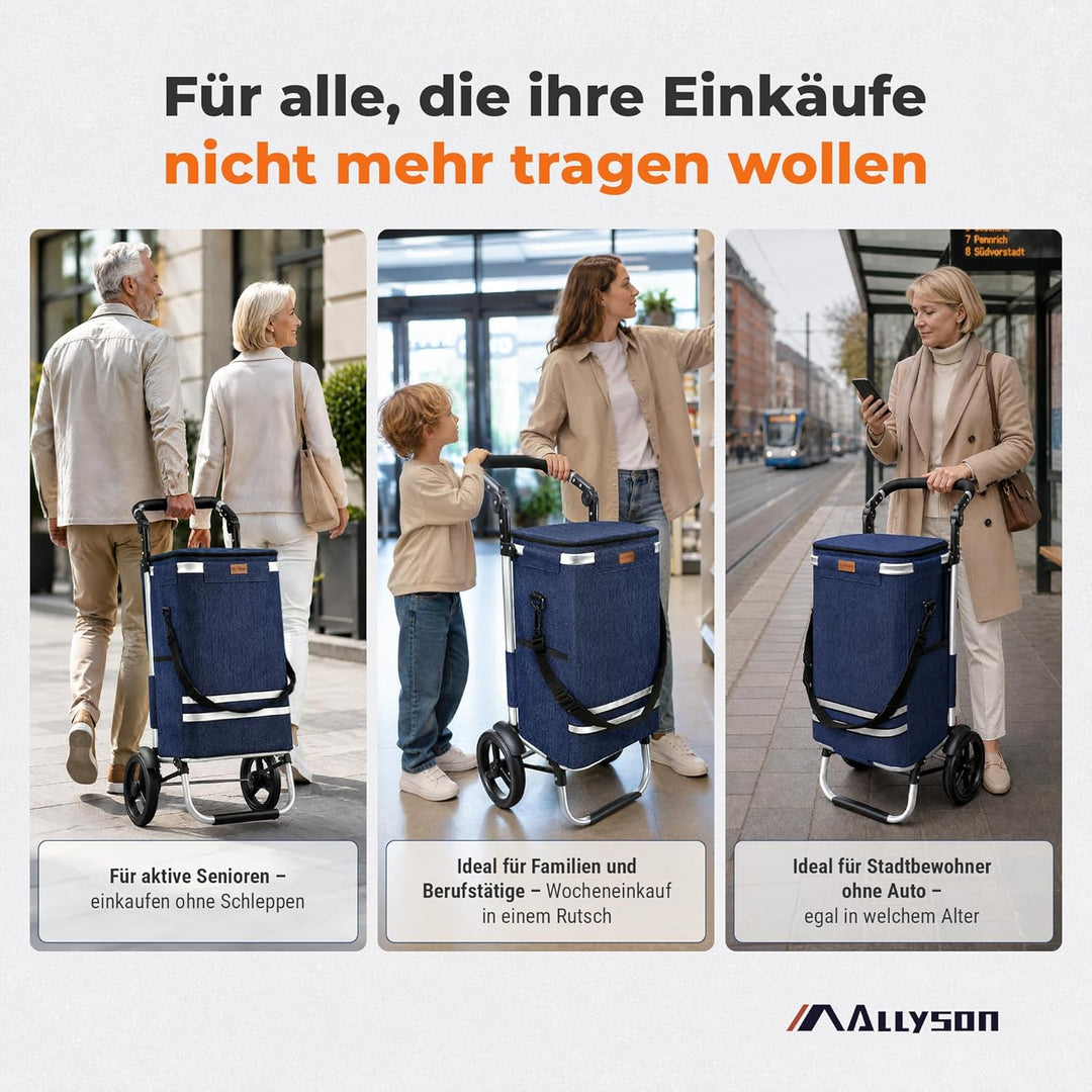Allyson Einkaufstrolley klappbar mit 56L Kapazität ，3in1 Trolley Sackkarre & Umhängetasche，Einkaufst