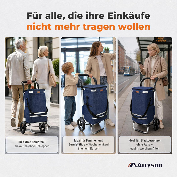 Allyson Einkaufstrolley klappbar mit 56L Kapazität ，3in1 Trolley Sackkarre & Umhängetasche，Einkaufst