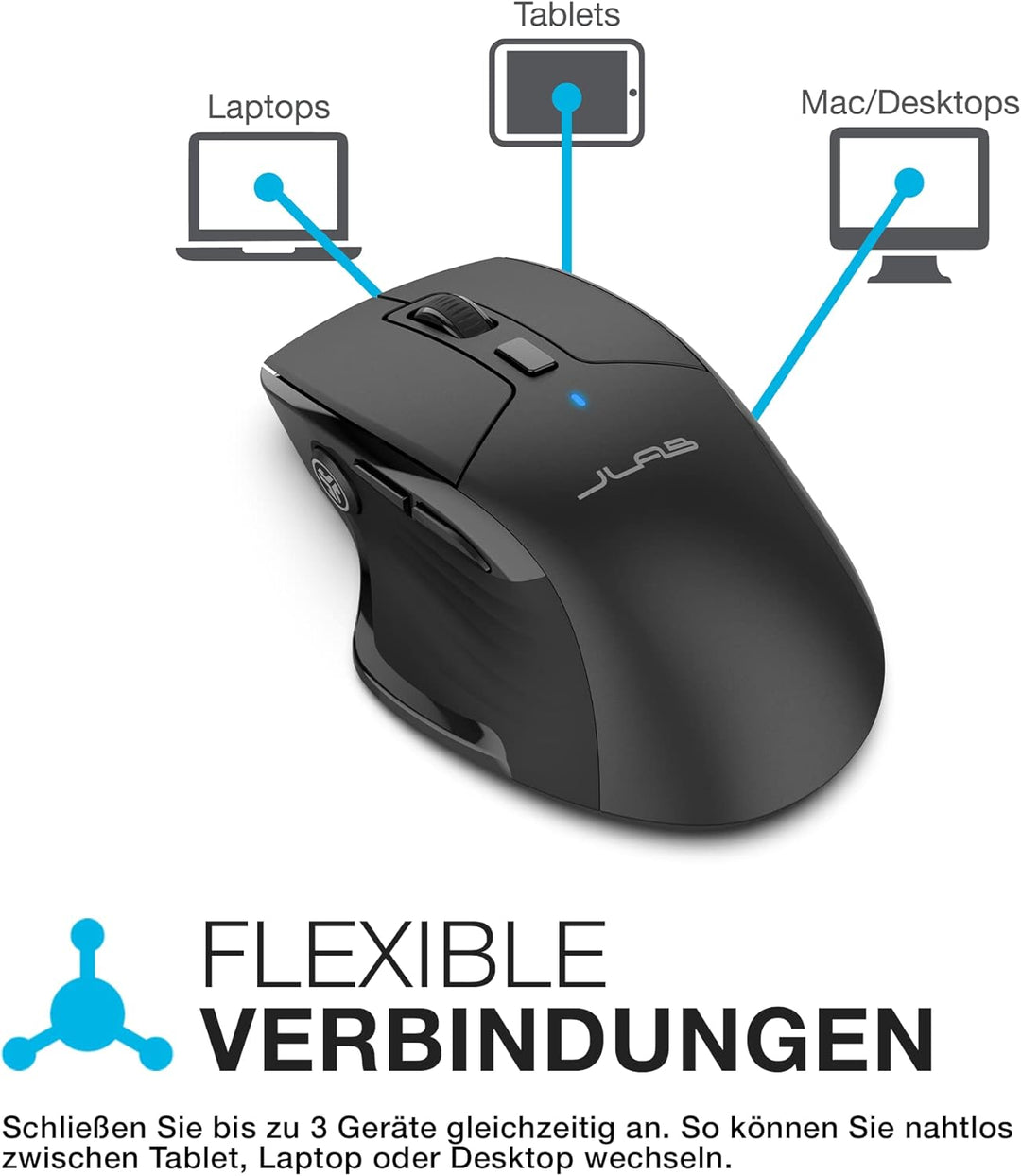 JLab JBuds Bluetooth Maus, Ergonomisches Design 7 Tasten, Bis zu DREI Benutzerprofile, JBuds