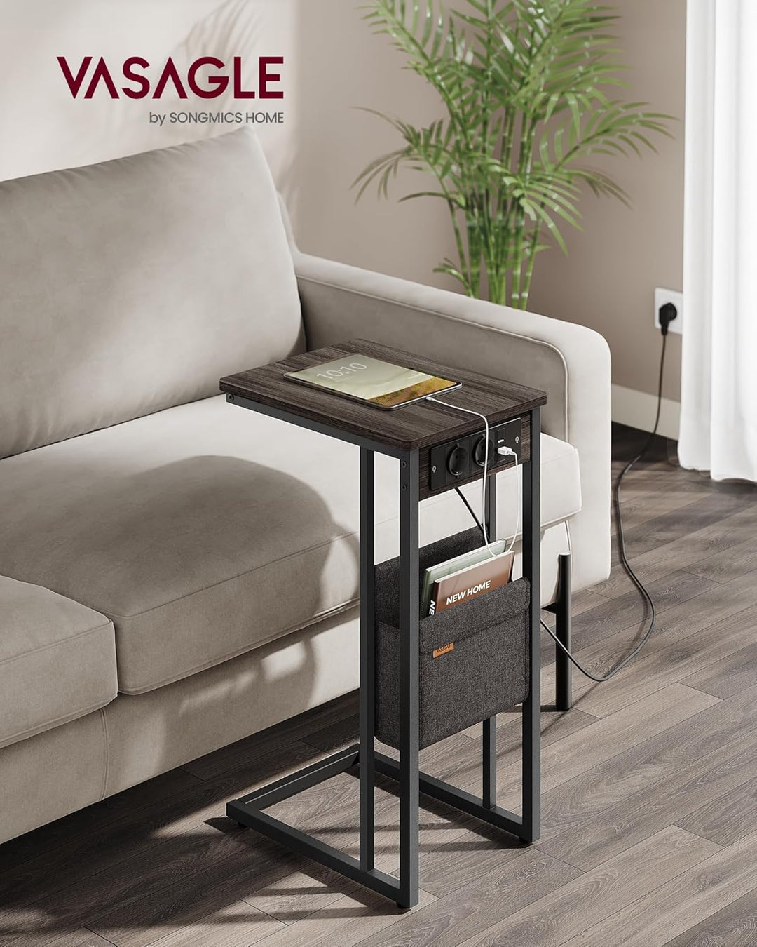 VASAGLE Beistelltisch, Sofatisch mit Ladestation, C Form, Couchtisch klein, Stofftasche, verstellbar