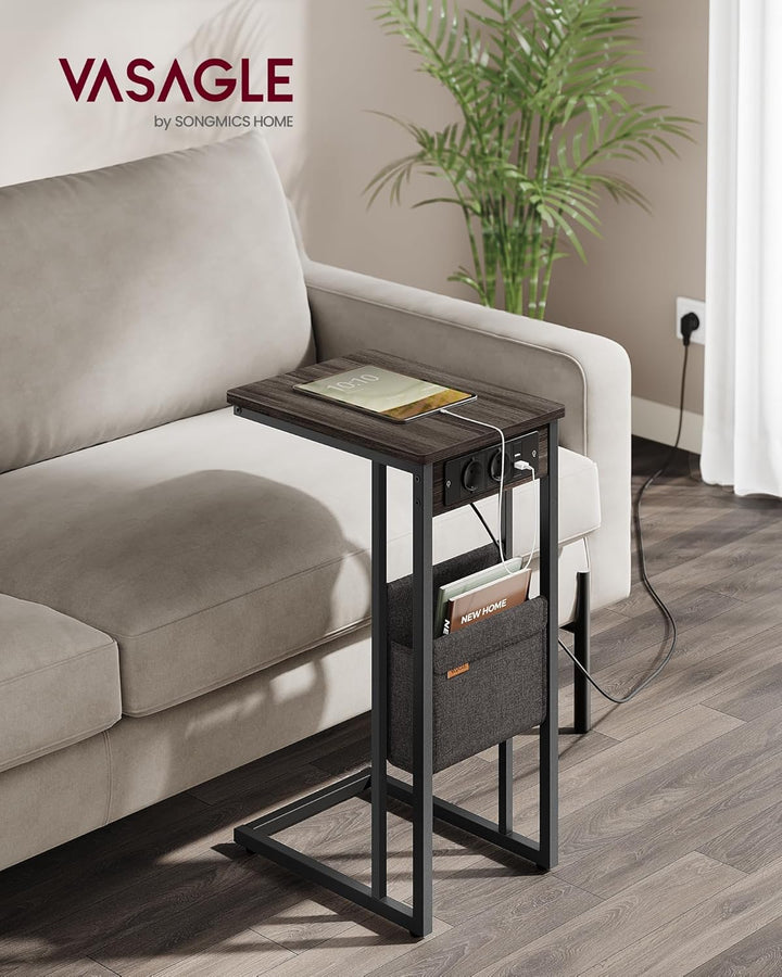 VASAGLE Beistelltisch, Sofatisch mit Ladestation, C Form, Couchtisch klein, Stofftasche, verstellbar