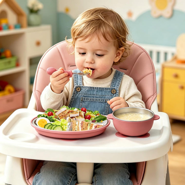 Baby Geschirr Set Edelstahl 4Teilig Geteilter Babyteller Saugnapf | Babyschale Rutschfest mit Griffe
