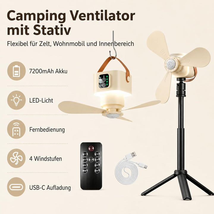 Camping Ventilator Akku 7200mAh, Mini Ventilator LED Licht Fernbedienung | 7200mAh 20 Std. Laufzeit,