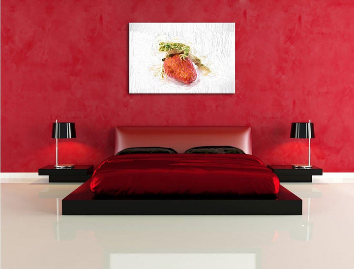Pixxprint Frosch mit Erdbeere als Leinwandbild/Grösse: 100x70 cm/Wandbild/Kunstdruck/fertig bespannt