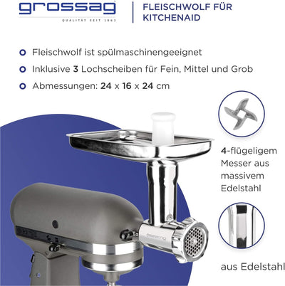 grossag Fleischwolf für KitchenAid Grösse 5 Edelstahl Spülmaschinenfest Inklusive 3 Lochscheiben KFW