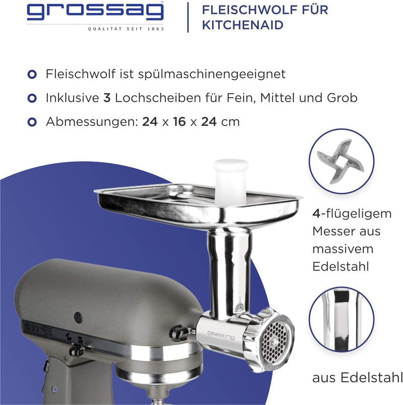 grossag Fleischwolf für KitchenAid Grösse 5 Edelstahl Spülmaschinenfest Inklusive 3 Lochscheiben KFW