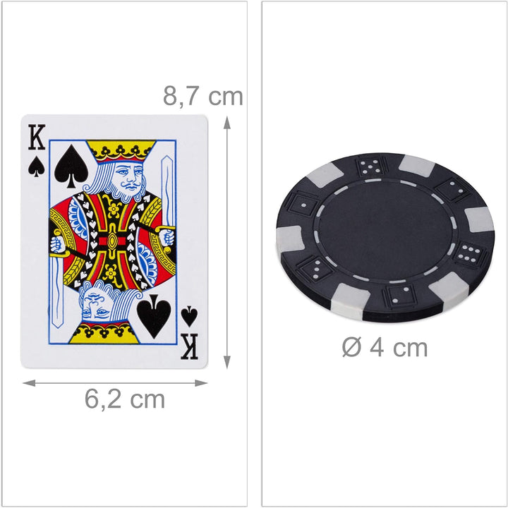 Relaxdays Pokerkoffer, 500 Pokerchips ohne Wert, 2 Kartendecks, 5 Würfel, Button Set, abschliessbar,