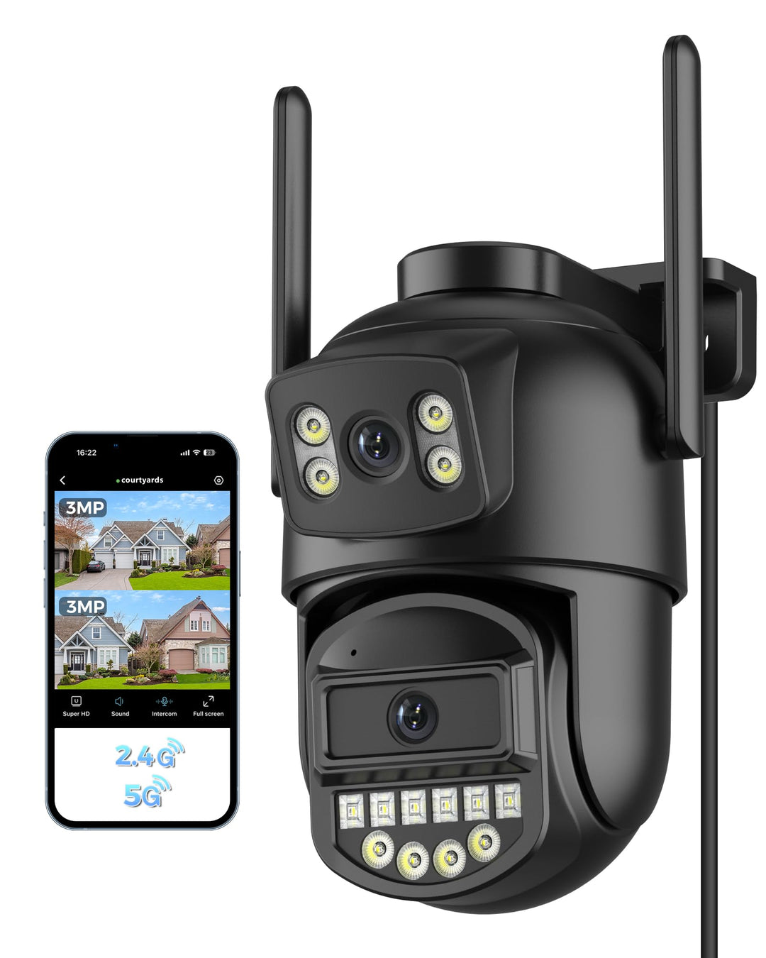 Überwachungskamera Aussen,Mit Dual-Objektiv 6MP,2.4/5Ghz WLAN,Kamera Überwachung Aussen,360° PTZ,Eth