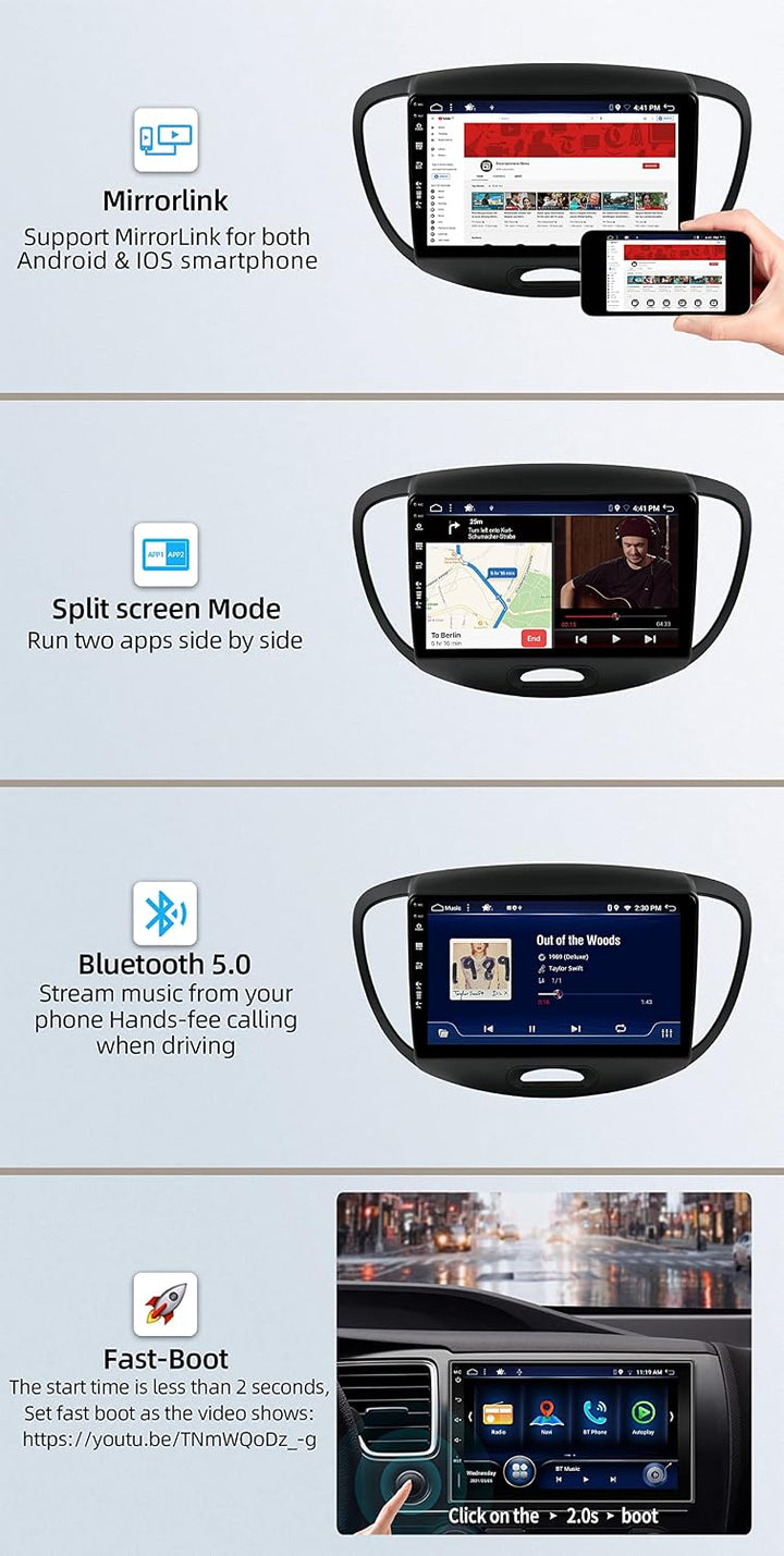 JOYX Android 12 IPS Autoradio Passt für Hyundai I10 (2007-2013) - 4G+64G - Eingebaut DSP/Carplay/And