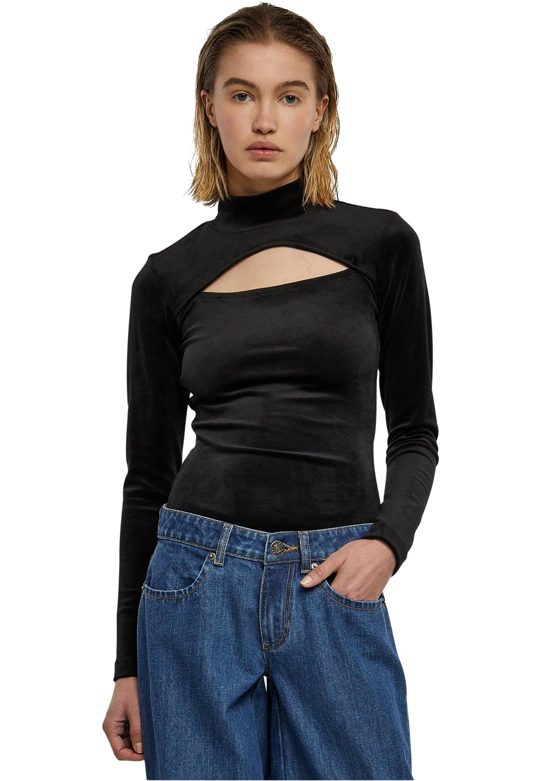 Urban Classics Damen Ladies Velvet Cut-Out Turtleneck Body T-Shirt XS Schwarz, XS Schwarz