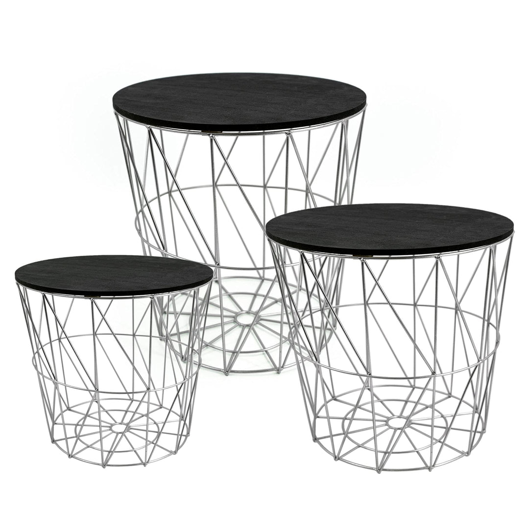 Spetebo Metall Beistelltisch mit Stauraum Silber/Schwarze Platten - 3er Set - Wohnzimmer Tisch mit A