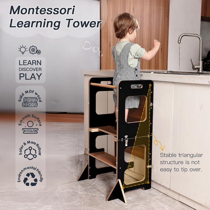 labebe Lernturm für Kinder, Montessori Learning Tower mit Tafel, 3 in 1 Klappbar Multifunktion Lernt