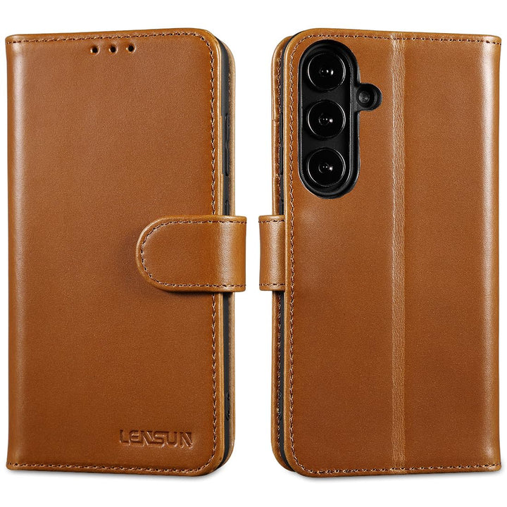 LENSUN Lederhülle für Samsung Galaxy S24, Echtleder Hülle [Standfunktion][RFID Blocker][Premium Echt