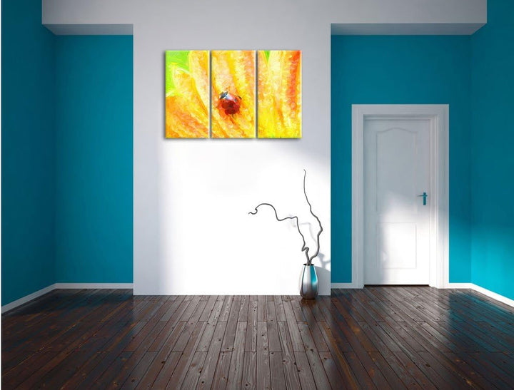 Pixxprint Marienkäfer auf gelber Blume Kunst Pinsel Effekt 3-Teiler Leinwandbild 120x80 Bild auf Lei