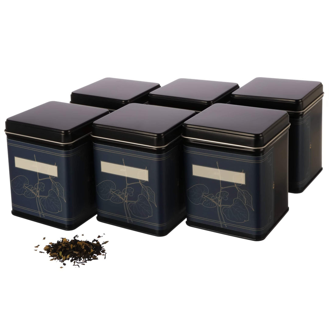 6x klassische eckige Teedose, stapelbar, aromadicht aus Metall für je 140g Earl Grey, inkl. 6 floral