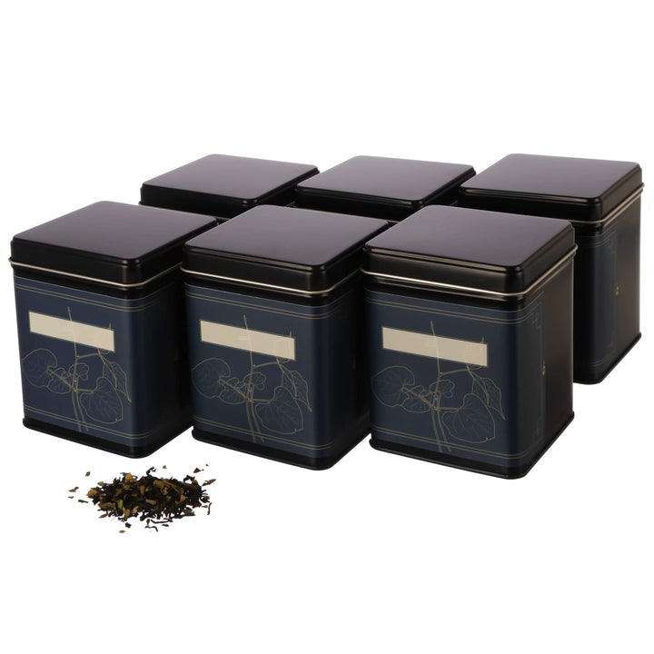 6x klassische eckige Teedose, stapelbar, aromadicht aus Metall für je 140g Earl Grey, inkl. 6 floral