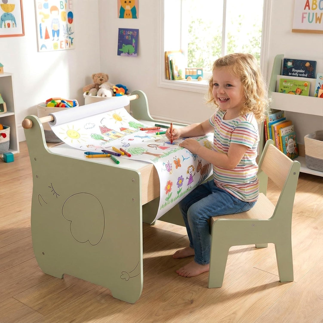 FANTASK 4 in 1 Holz Kindertisch mit Stuhl, wendbare & abnehmbare Tischplatte, Maltisch mit Stauraum