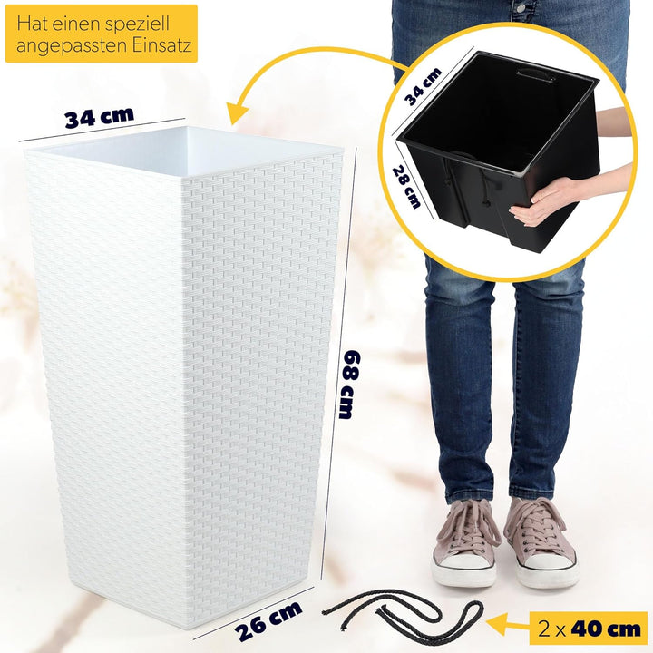 KADAX Pflanzkübel mit Innentopf, Höhe 68cm, Weiss Rattan – Wetterfester Blumentopf für Innen & Ausse