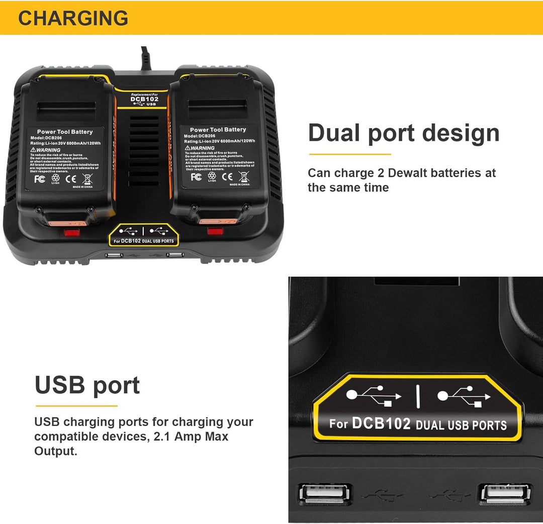 Ladegerät für Dewalt DCB115 18 V XR, KEATFE Dual 3 A, 12 V-20 V MAX Lithium-Ionen-Akku mit 2 USB-Ans