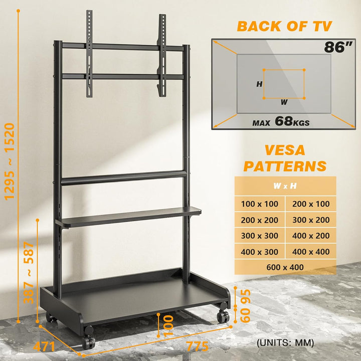 TVON TV Ständer Rollbar TV Rollwagen Für 40 bis 86 Zoll Flach &amp; Curved Fernseher, Höhenverstellbarer
