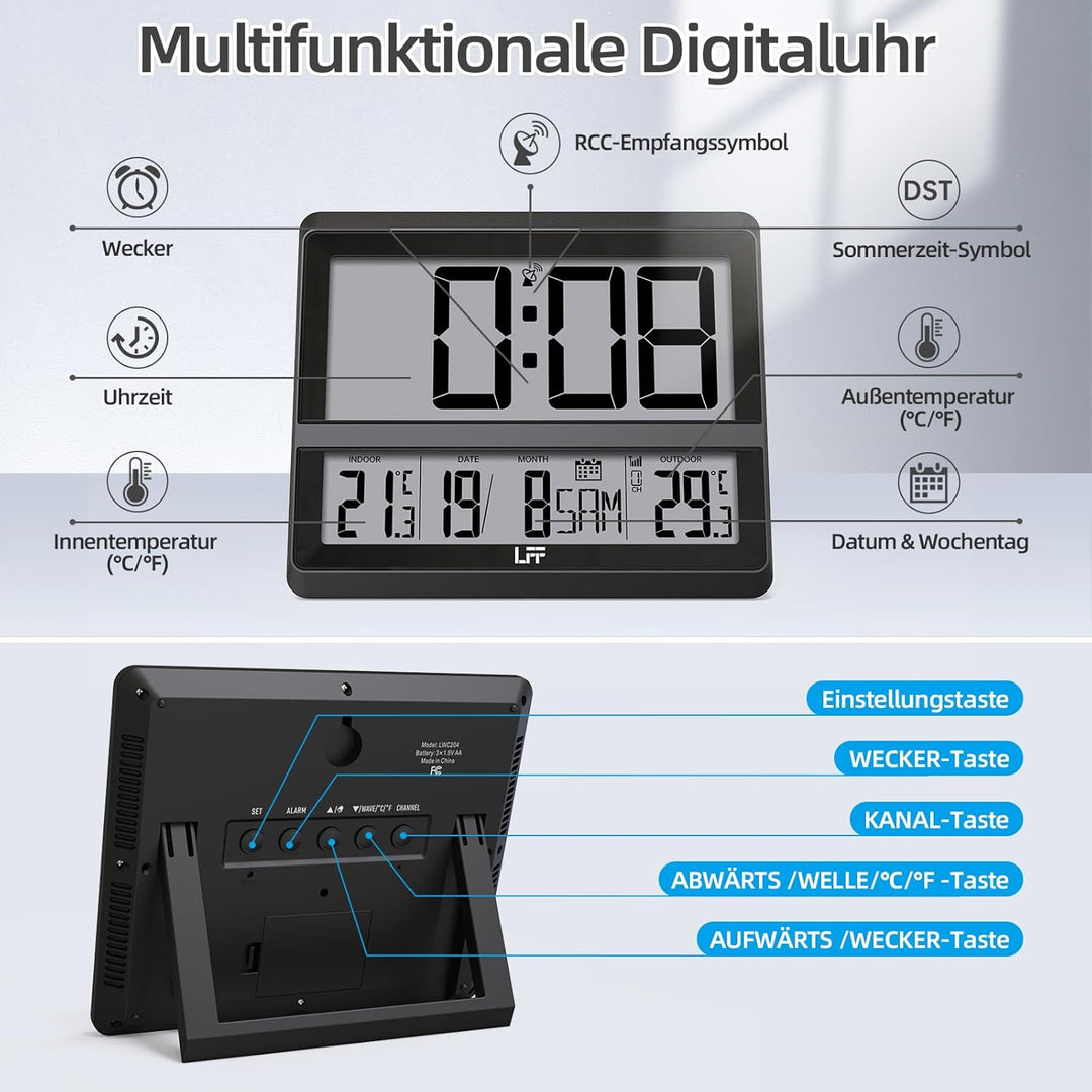 Atomuhr mit Grossem Display, Digitale Wanduhr mit Temperatur Datum Innen Aussen, Drahtloser Aussense