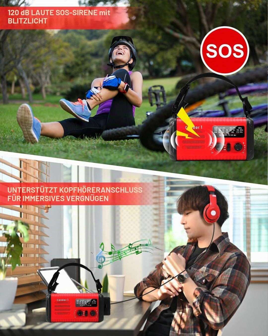 20000mAh Kurbelradio, tragbares Solar-Notfallradio mit AM/FM-Empfang, SOS Alarm, LED-Leselicht und T