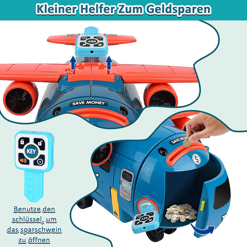 JONRRYIN Flugzeug Spielzeug Auto Set ab 3 Jahre, 3 in 1 Lenkrad Kinder mit Licht, Sounds Sparschwein