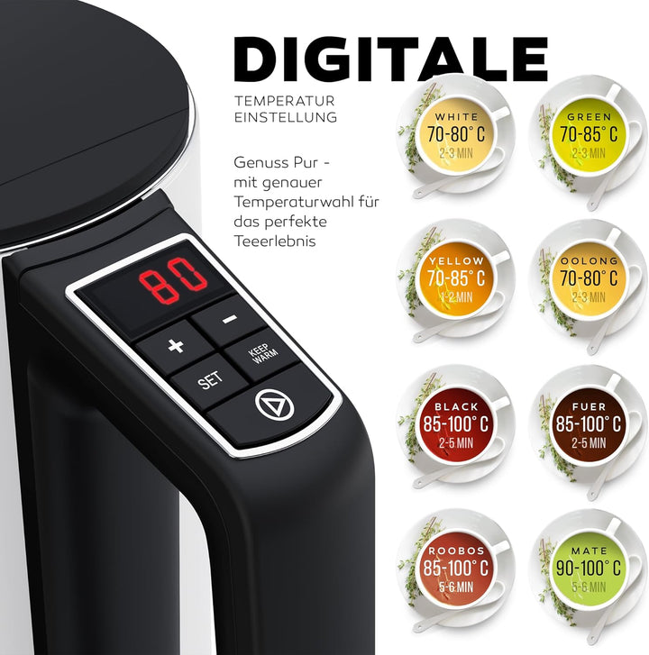 BALTER Edelstahl Wasserkocher mit Temperatureinstellung, 40°C-100°C, Doppelwand, BPA frei, leise & k