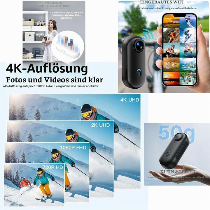 Mini Action Cam 4K,Tragbare Kamera mit 360° Drehbarem Clip und Magnetclip,Wasserdichter 4K-Körperkam
