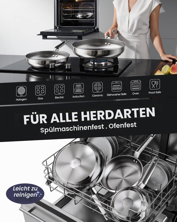 Pfannenset 3-teilig 20,5/24,5/28,5 cm, Edelstahlpfanne Unbeschichtet für alle Herdarten, Bratpfanne