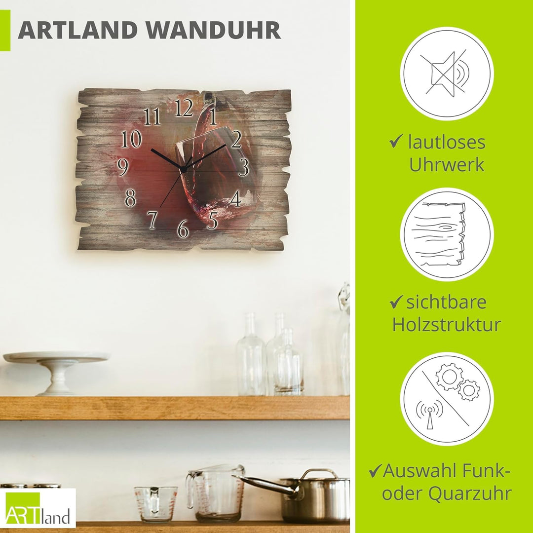 ARTLAND Wanduhr ohne Tickgeräusche aus Holz Funkuhr 40x30 cm Rechteckig Lautlos Wein Rotwein Bildmal