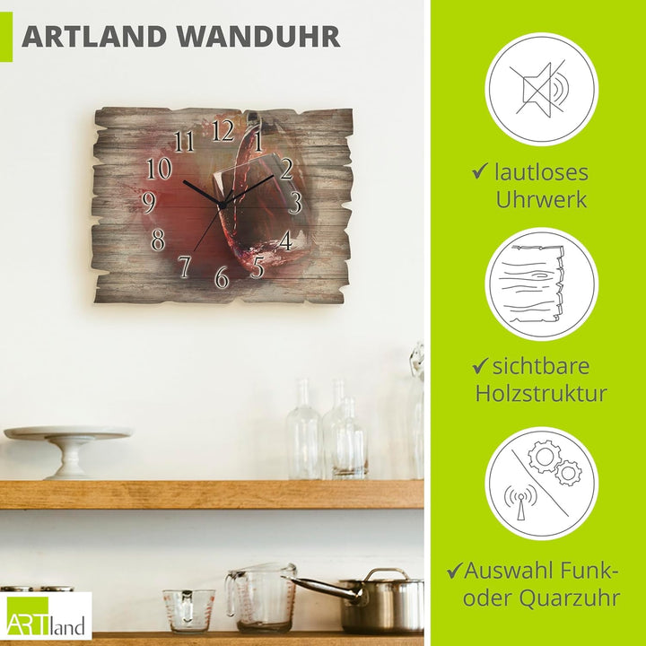 ARTLAND Wanduhr ohne Tickgeräusche aus Holz Funkuhr 40x30 cm Rechteckig Lautlos Wein Rotwein Bildmal
