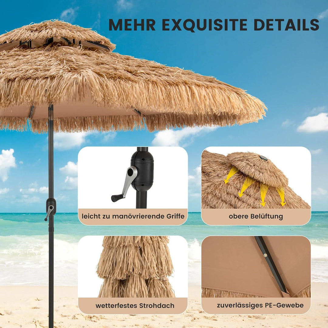 GOPLUS Sonnenschirm Hawaii, Ø 300 cm Strohschirm um 30° knickbar, Sonnenschirm Stroh mit LED Solar B