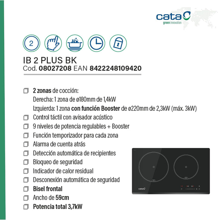 CATA Kochfeld IB 2 PLUS BK/A Induktion Anzahl Brenner/Kochzonen 2 Touch-Timer Schwarz