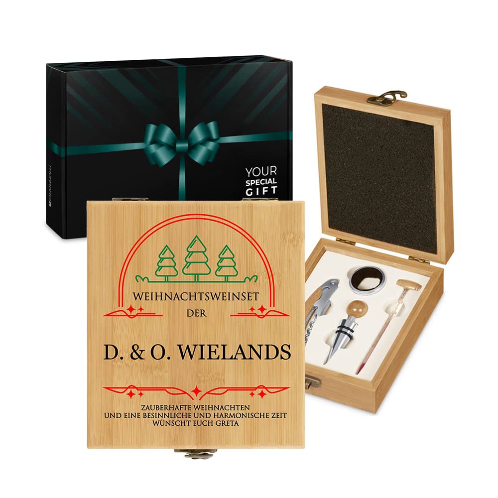 Maverton Weinöffner-Set personalisiert Weinset Sommelier Set - Geschenkbox Holzbox + 4er Weinzubehör