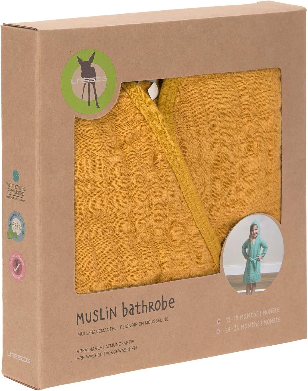 LÄSSIG Kinder Bademantel Baumwolle/Muslin Bathrobe 12-18 Monate mustard, 12-18 Monate mustard