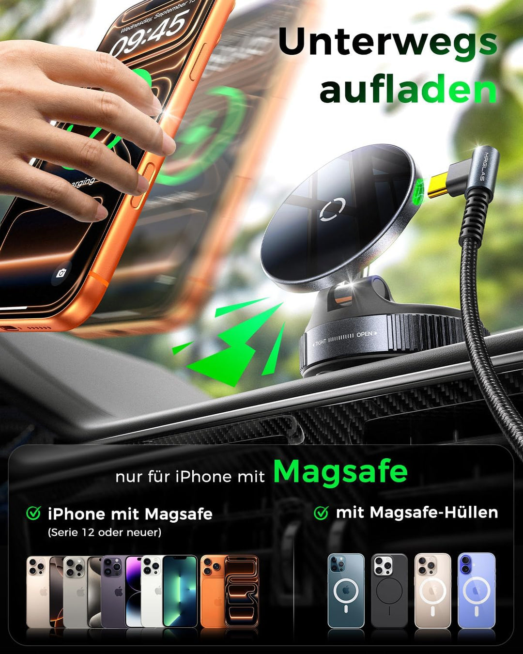 MRGLAS 15W Vakuum Magnetische Handyhalterung mit Ladefunktion,360° Verstellbarer Saugnapf Handy Halt