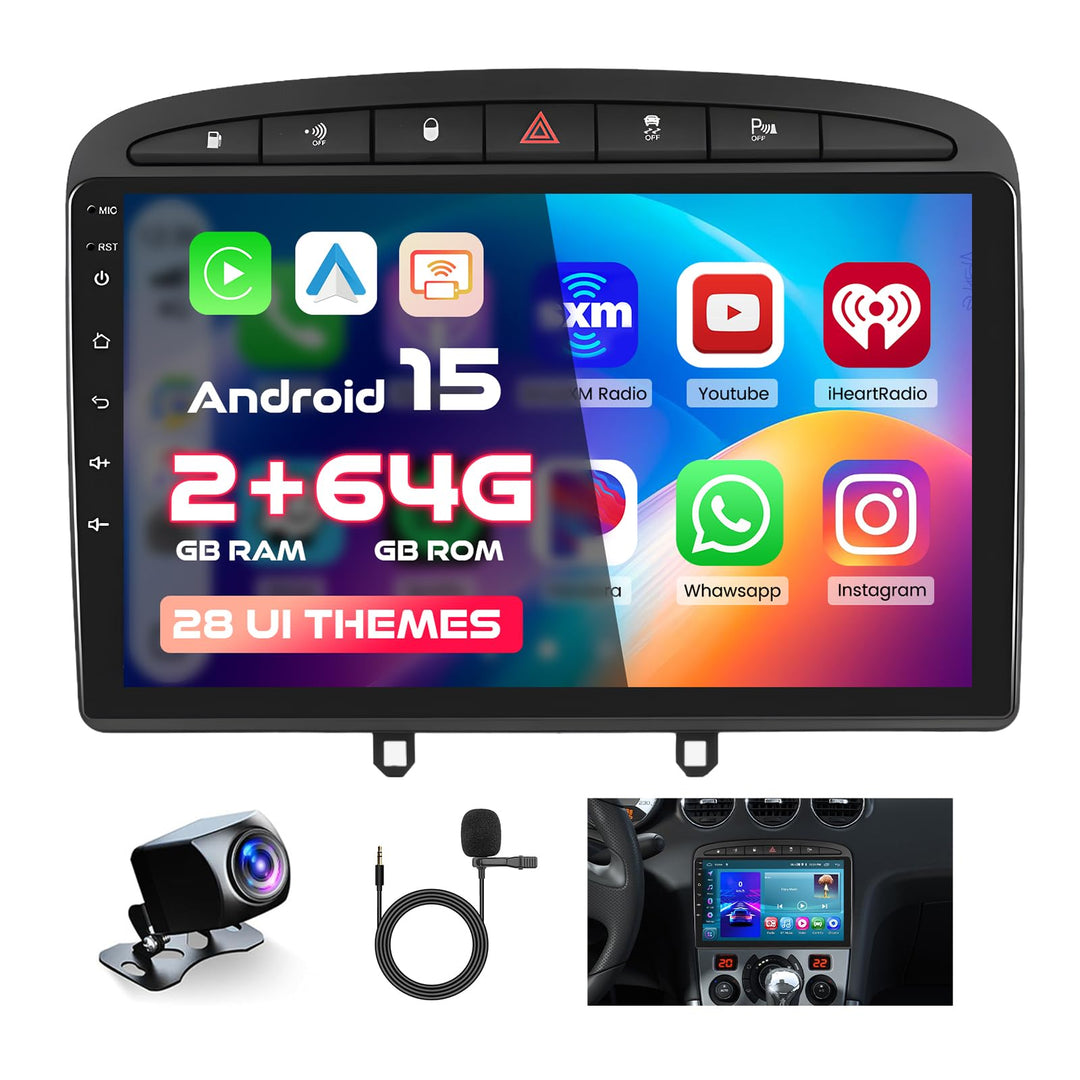 Hikity 2GB+64GB Android 15 Autoradio für Peugeot 308/408 2007-2015 Radio Wireless CarPlay Android Au
