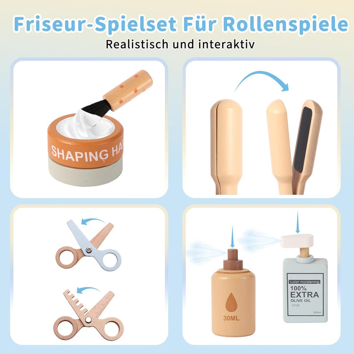 FIIOEOY Holz Friseur Set Kinder mit Haartrockner Lockenstab Haarstyling Rasierzubehör Salon Friseur