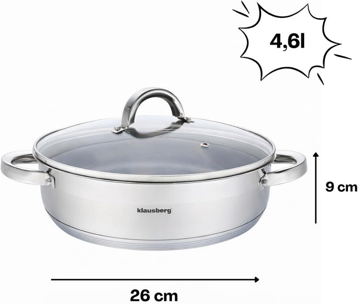 Flacher Topf mit Deckel in vielen Grössen Kochtopf Töpfe Induktion Edelstahl Klausberg (4.5L) 4,6l,