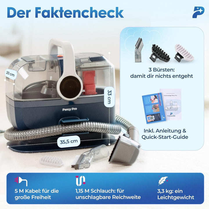 Primavella Waschsauger mit Dampffunktion - Polsterreiniger Gerät PRO – 1800W Nasssauger mit 13kPa Sa