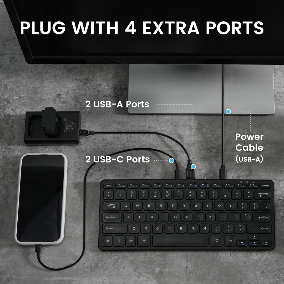 Perixx PERIBOARD-416 Wired Mini USB Keyboard with 4 Hubs - X Type Scissor Keys - Big Print Keys - De