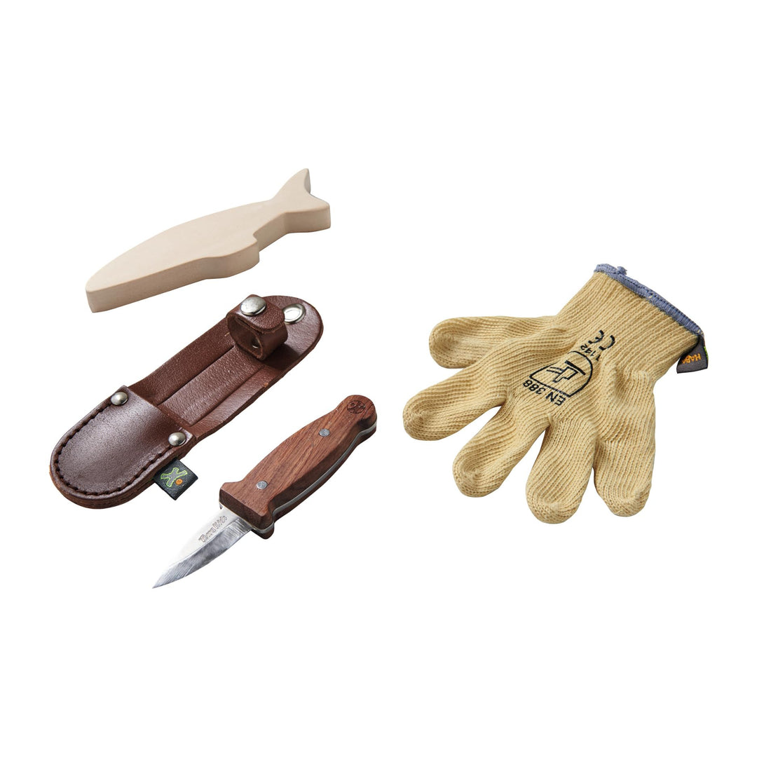 HABA Terra Kids Schnitzmesser – Taschenmesser-Set für Kinder ab 6 Jahren – inkl. Handschuhen, Schnit