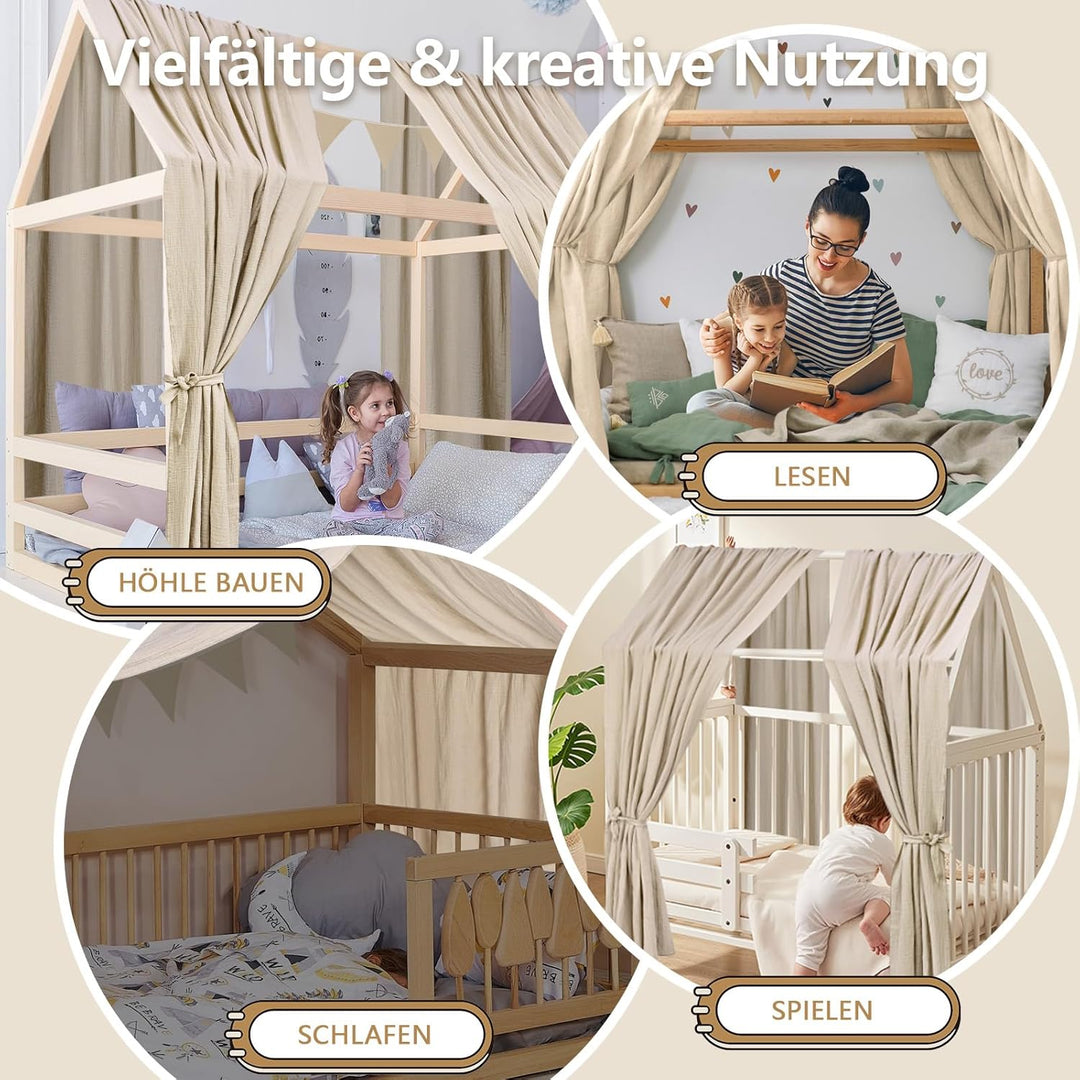 Alishomtll Hausbett Himmel Deko Set, 2 Betthimmel Hausbett aus 100% Baumwolle Musselin, 1 Wimpelkett